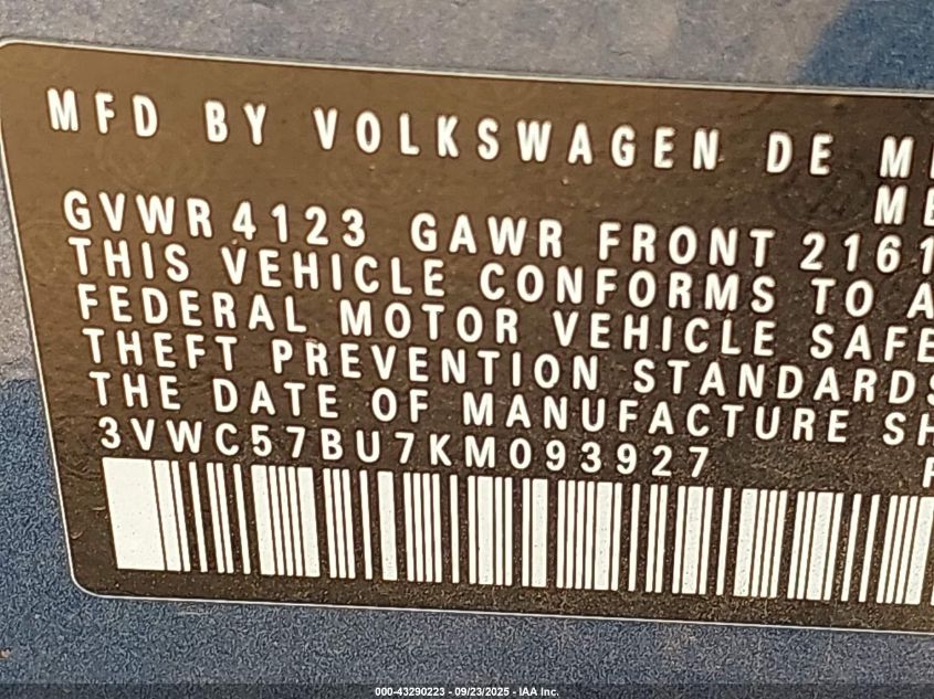 2019 Volkswagen Jetta 1.4T R-Line/1.4T S/1.4T Se VIN: 3VWC57BU7KM093927 Lot: 43290223