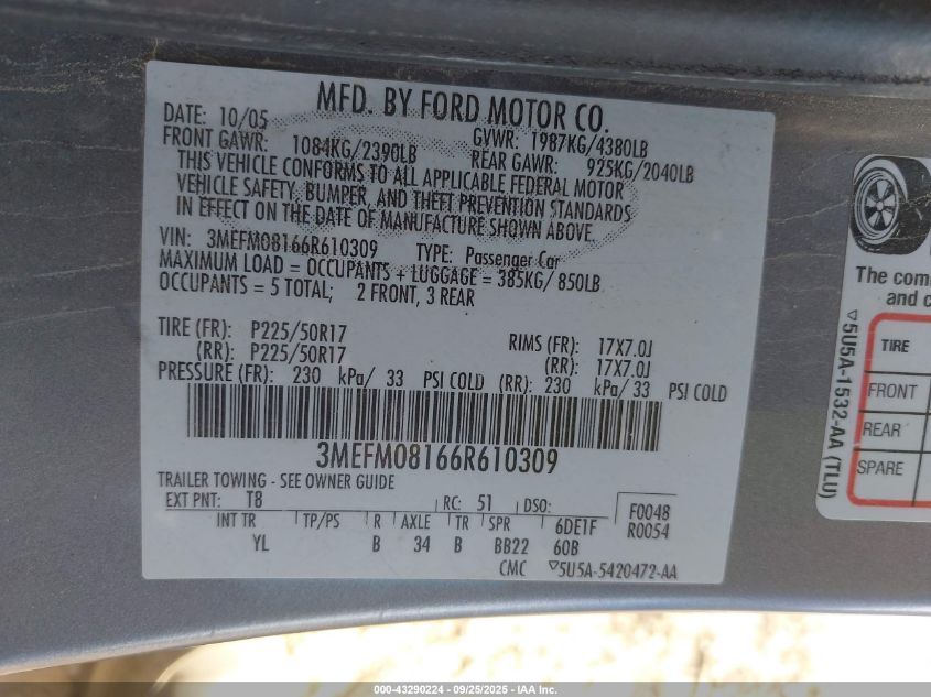 2006 Mercury Milan V6 Premier VIN: 3MEFM08166R610309 Lot: 43290224