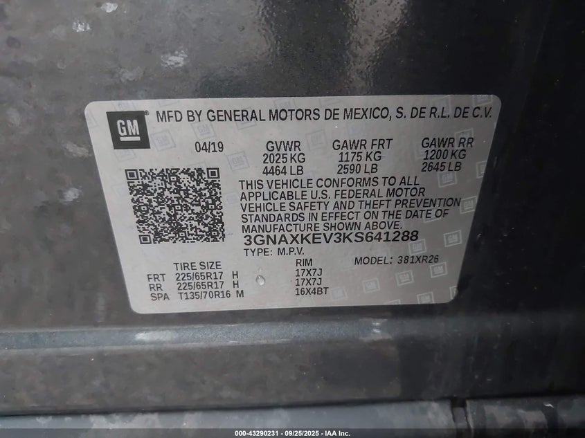 2019 CHEVROLET EQUINOX LT - 3GNAXKEV3KS641288