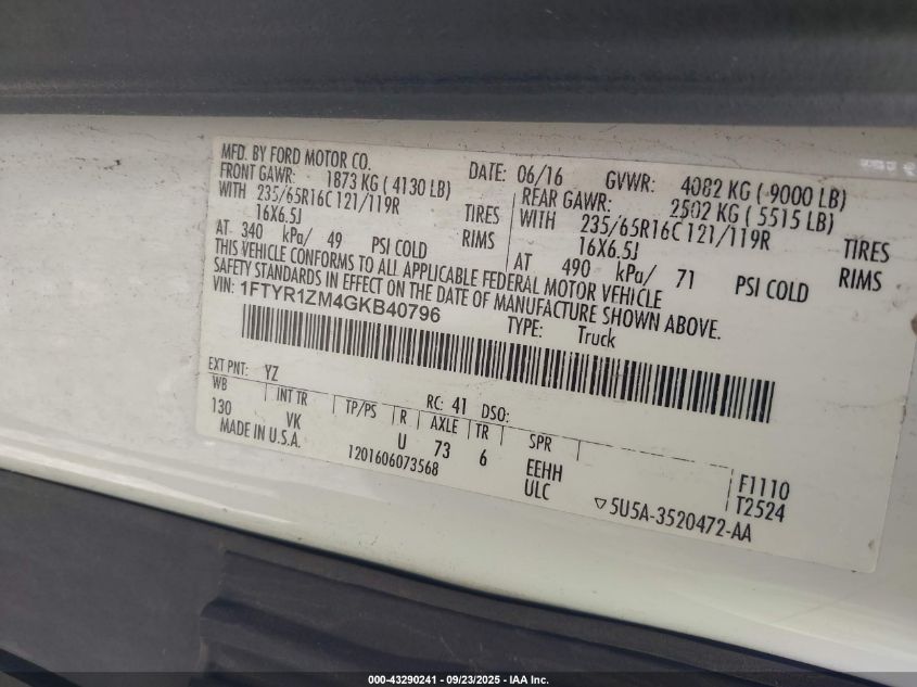 2016 Ford Transit-250 VIN: 1FTYR1ZM4GKB40796 Lot: 43290241