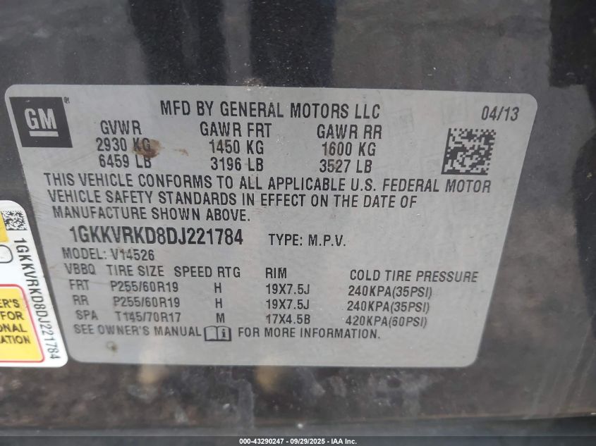 2013 GMC Acadia Slt-1 VIN: 1GKKVRKD8DJ221784 Lot: 43290247