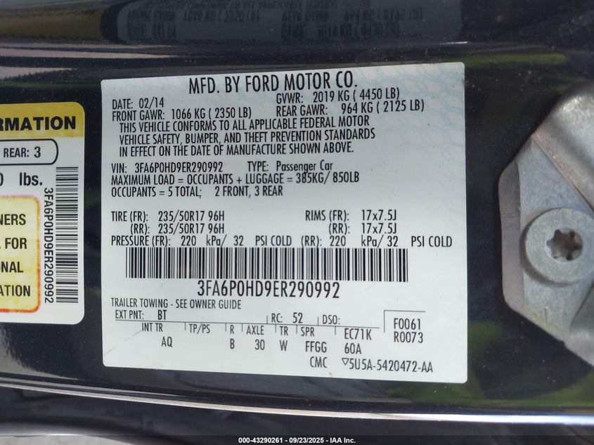 2014 Ford Fusion Se VIN: 3FA6P0HD9ER290992 Lot: 43290261