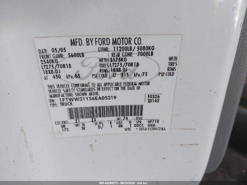 2006 Ford F-350 Lariat/Xl/Xlt VIN: 1FTWW31Y56EA05219 Lot: 43290273