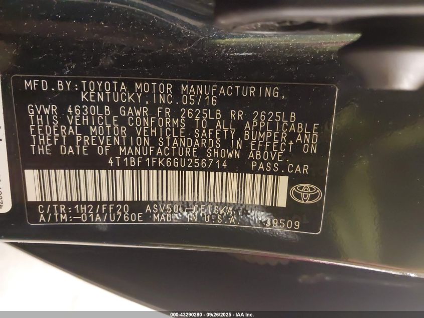 2016 Toyota Camry Se VIN: 4T1BF1FK6GU256714 Lot: 43290280