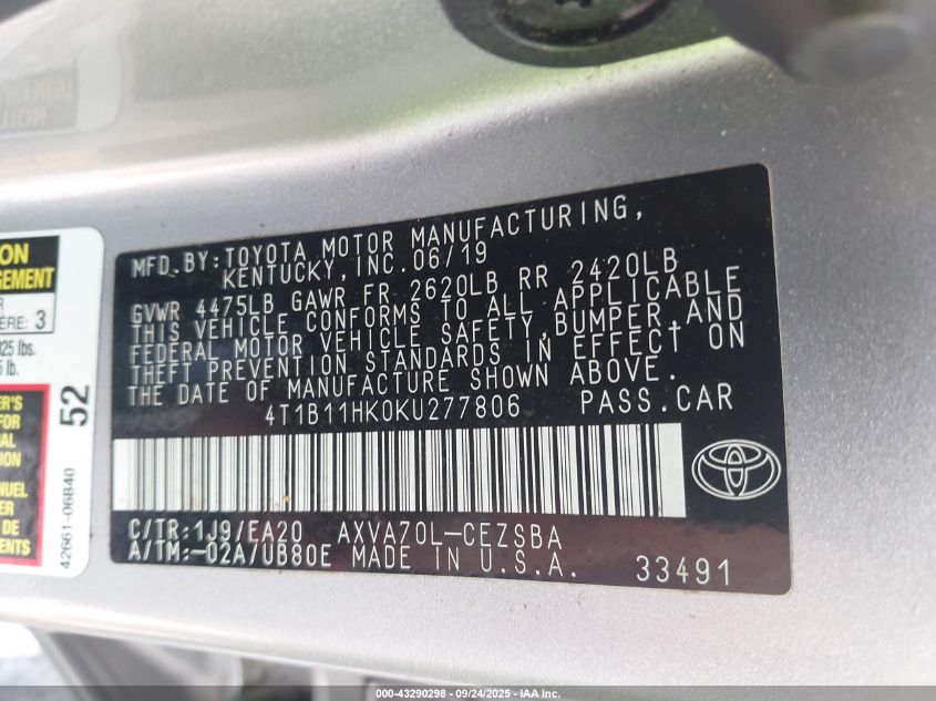 2019 Toyota Camry Se VIN: 4T1B11HK0KU277806 Lot: 43290298