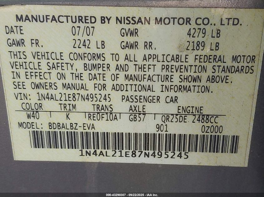 2007 Nissan Altima 2.5 S VIN: 1N4AL21E87N495245 Lot: 43290307