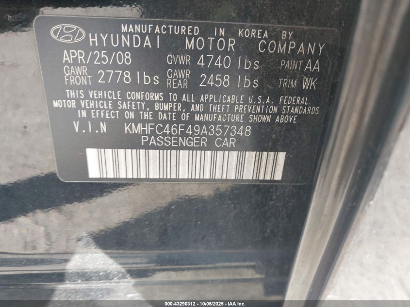 2009 Hyundai Azera Limited VIN: KMHFC46F49A357348 Lot: 43290312