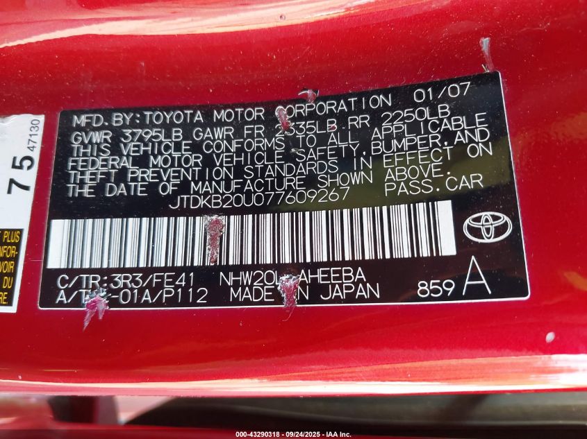 2007 Toyota Prius VIN: JTDKB20U077609267 Lot: 43290318