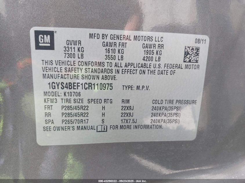 2012 Cadillac Escalade Luxury VIN: 1GYS4BEF1CR110975 Lot: 43290322