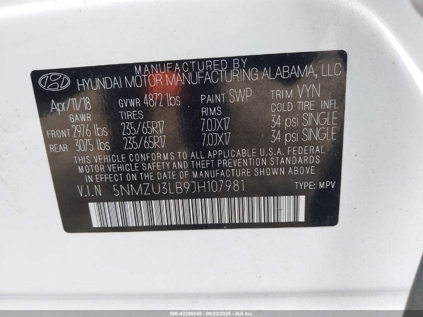 2018 HYUNDAI SANTA FE SPORT 2.4L 5NMZU3LB9JH107981
