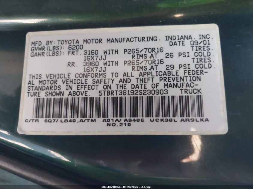 2002 Toyota Tundra Ltd V8 VIN: 5TBRT38192S230903 Lot: 43290354