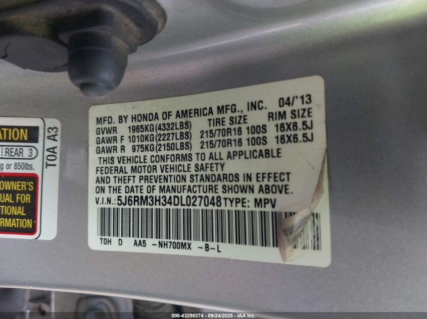 2013 Honda Cr-V Lx VIN: 5J6RM3H34DL027048 Lot: 43290374