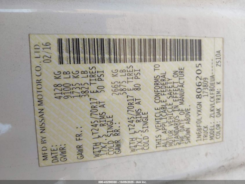 2016 Nissan Nv Cargo Nv2500 Hd S V6 VIN: 1N6BF0LYXGN806205 Lot: 43290388