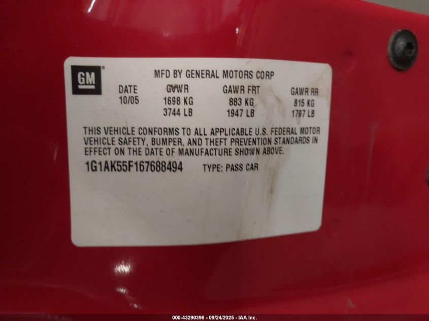 2006 Chevrolet Cobalt Ls VIN: 1G1AK55F167688494 Lot: 43290398