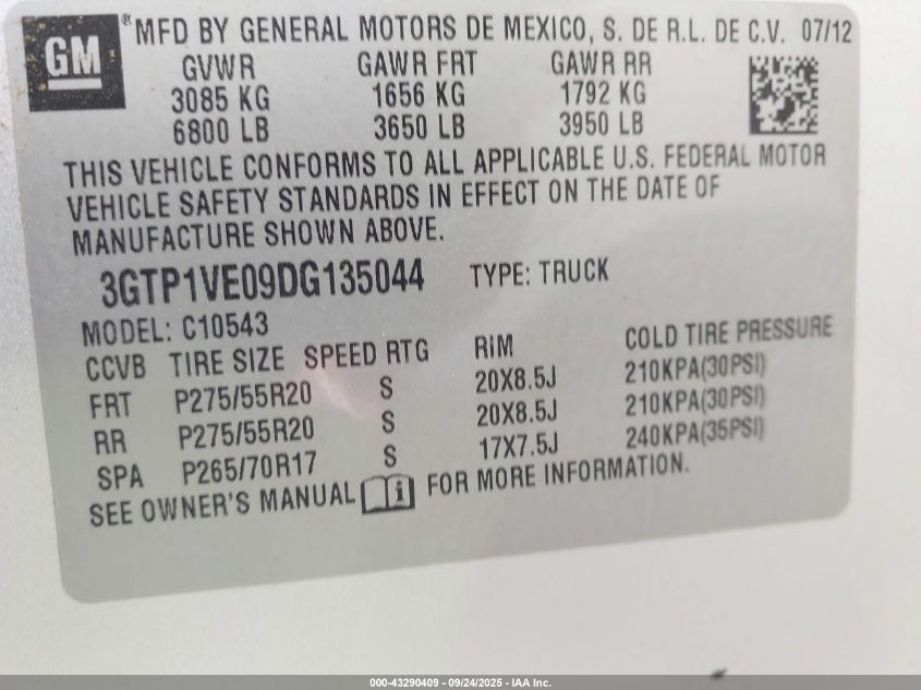 2013 GMC Sierra 1500 Sle VIN: 3GTP1VE09DG135044 Lot: 43290409