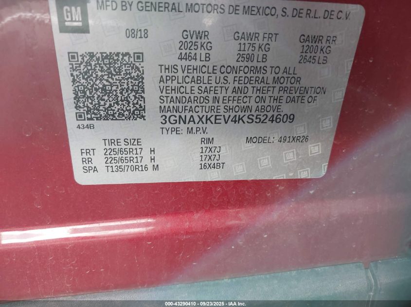 2019 Chevrolet Equinox Lt VIN: 3GNAXKEV4KS524609 Lot: 43290410