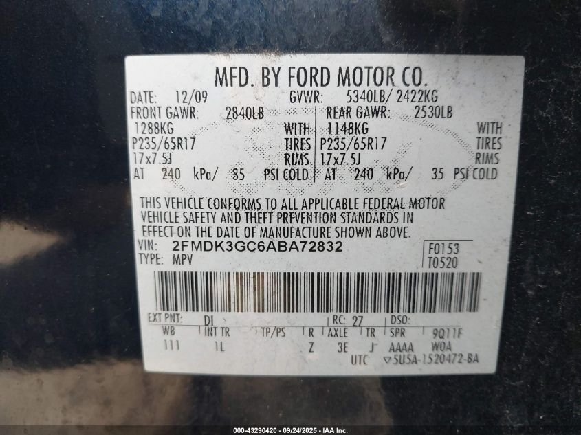2010 Ford Edge Se VIN: 2FMDK3GC6ABA72832 Lot: 43290420