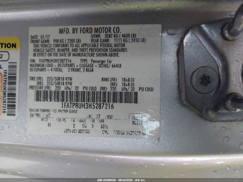 2017 Ford Mustang Ecoboost Premium VIN: 1FATP8UH3H5287216 Lot: 43290436