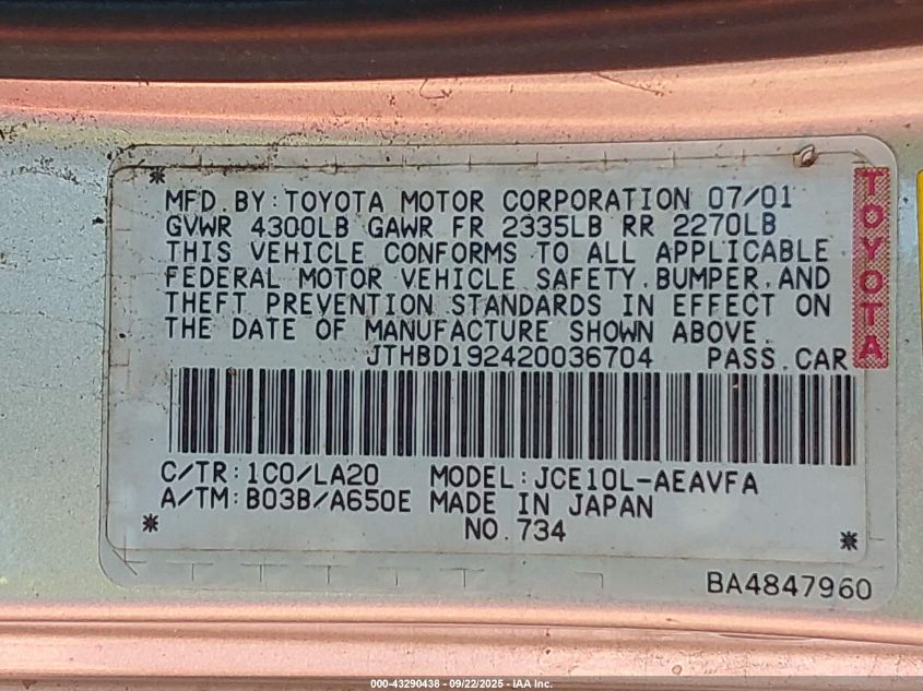 2002 Lexus Is 300 VIN: JTHBD192420036704 Lot: 43290438