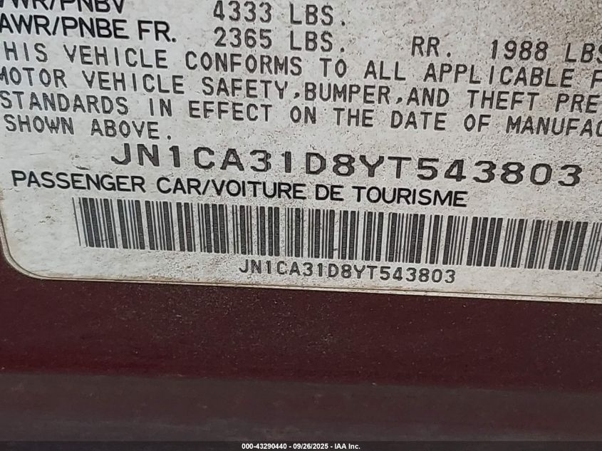 2000 Nissan Maxima Gle/Gxe/Se VIN: JN1CA31D8YT543803 Lot: 43290440