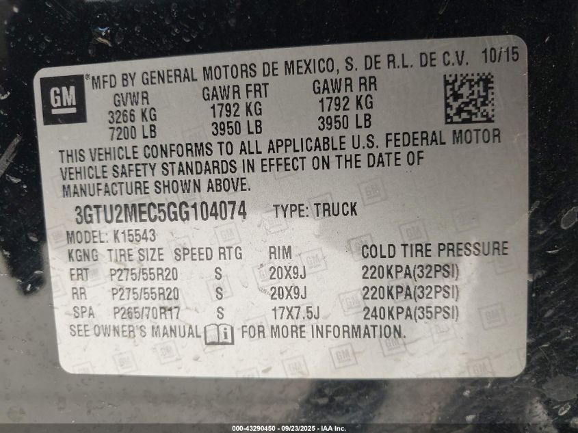 2016 GMC Sierra 1500 Sle VIN: 3GTU2MEC5GG104074 Lot: 43290450