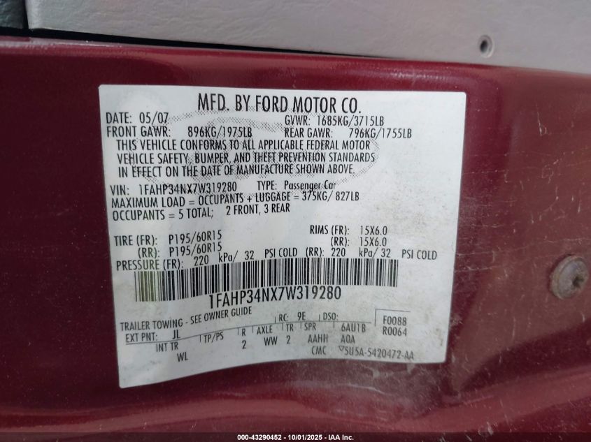 2007 Ford Focus S/Se/Ses VIN: 1FAHP34NX7W319280 Lot: 43290452