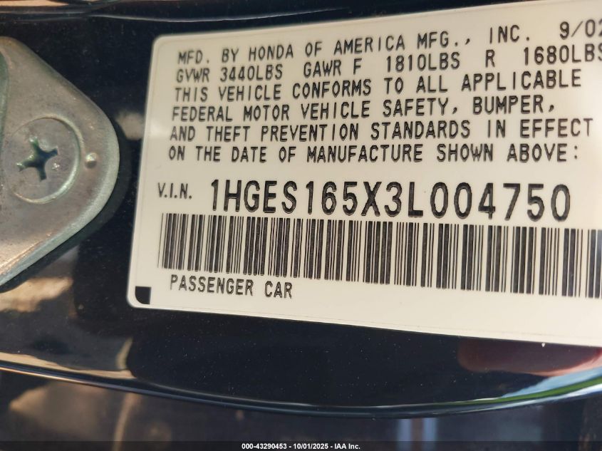 2003 Honda Civic Lx VIN: 1HGES165X3L004750 Lot: 43290453
