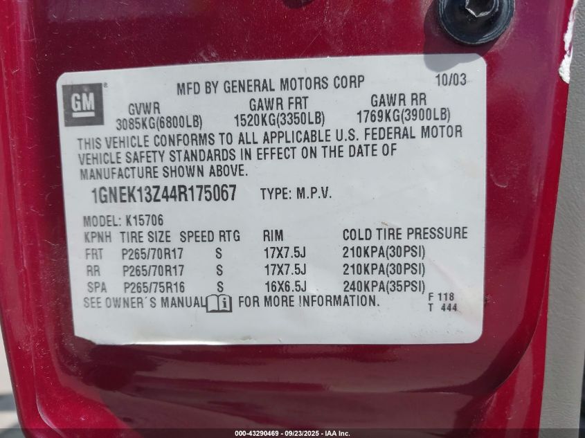 2004 Chevrolet Tahoe Z71 VIN: 1GNEK13Z44R175067 Lot: 43290469