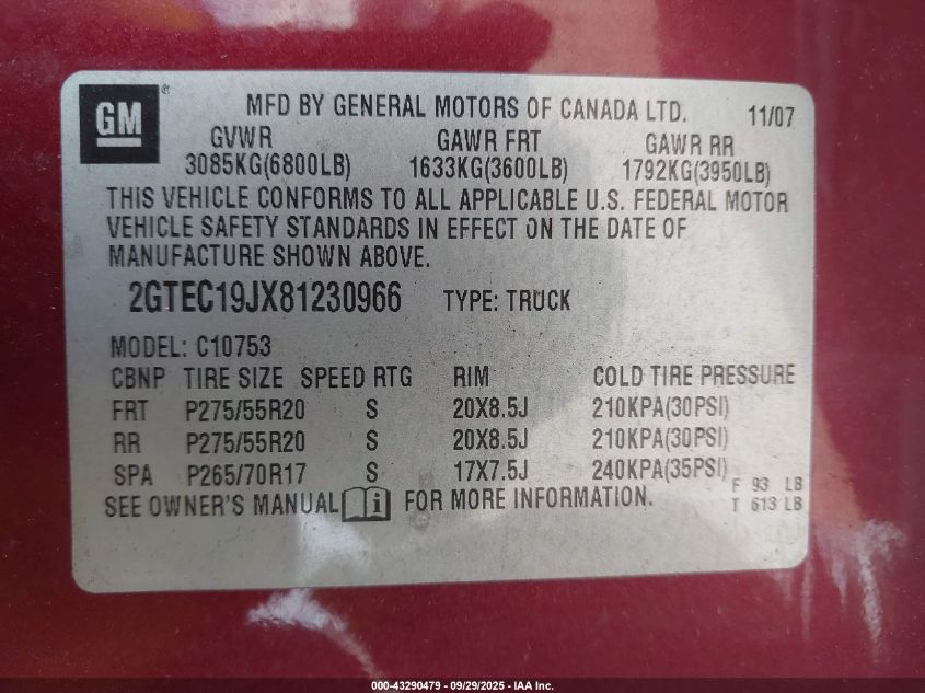 2008 GMC Sierra 1500 Sle1 VIN: 2GTEC19JX81230966 Lot: 43290479