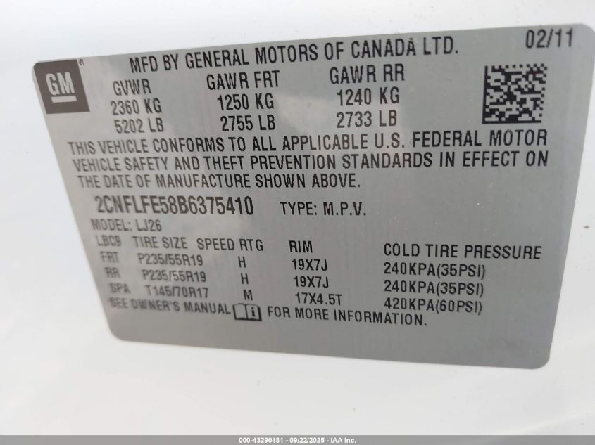 2011 Chevrolet Equinox Ltz VIN: 2CNFLFE58B6375410 Lot: 43290481