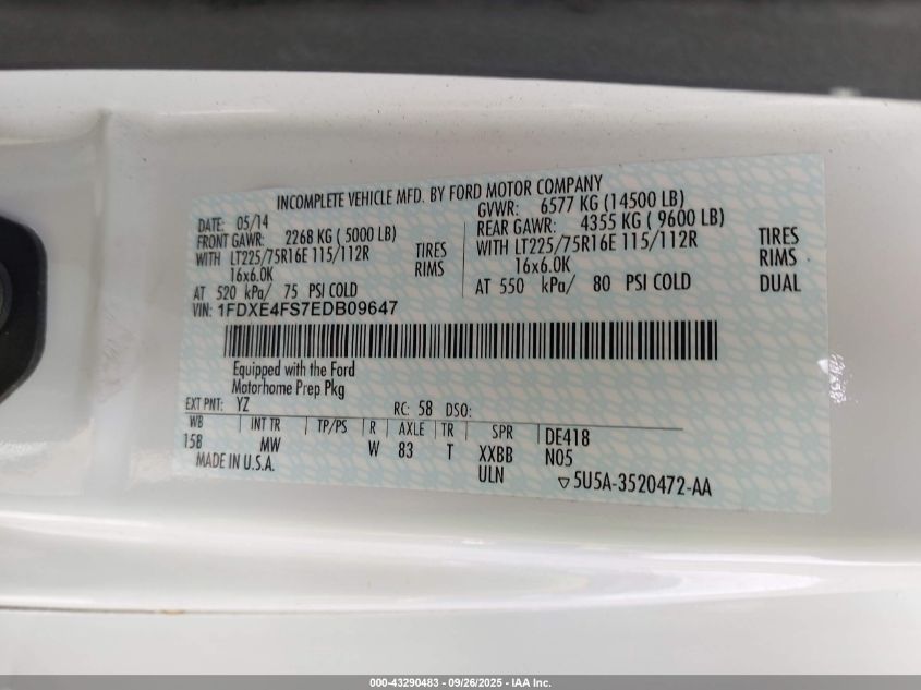 2014 Ford E-450 Cutaway VIN: 1FDXE4FS7EDB09647 Lot: 43290483