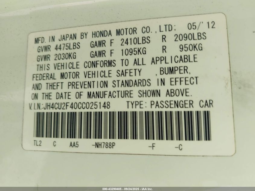 2012 Acura Tsx 2.4 VIN: JH4CU2F40CC025148 Lot: 43290485