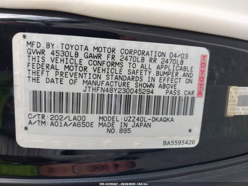 2003 Lexus Sc 430 VIN: JTHFN48Y230045294 Lot: 43290487