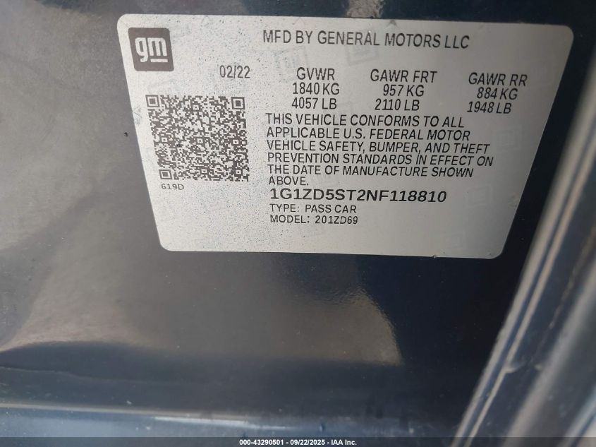 2022 Chevrolet Malibu Fwd Lt VIN: 1G1ZD5ST2NF118810 Lot: 43290501