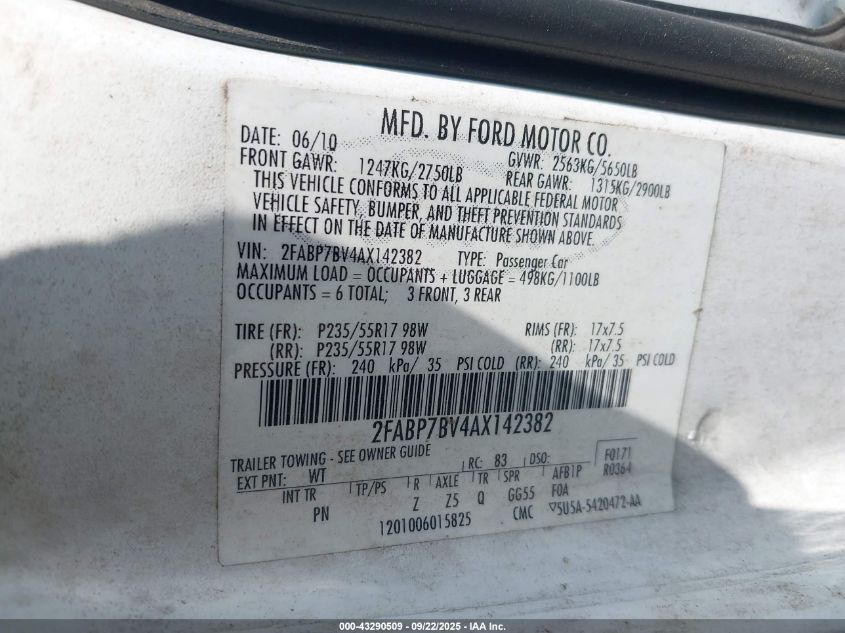 2010 Ford Crown Victoria Police/Police Interceptor VIN: 2FABP7BV4AX142382 Lot: 43290509