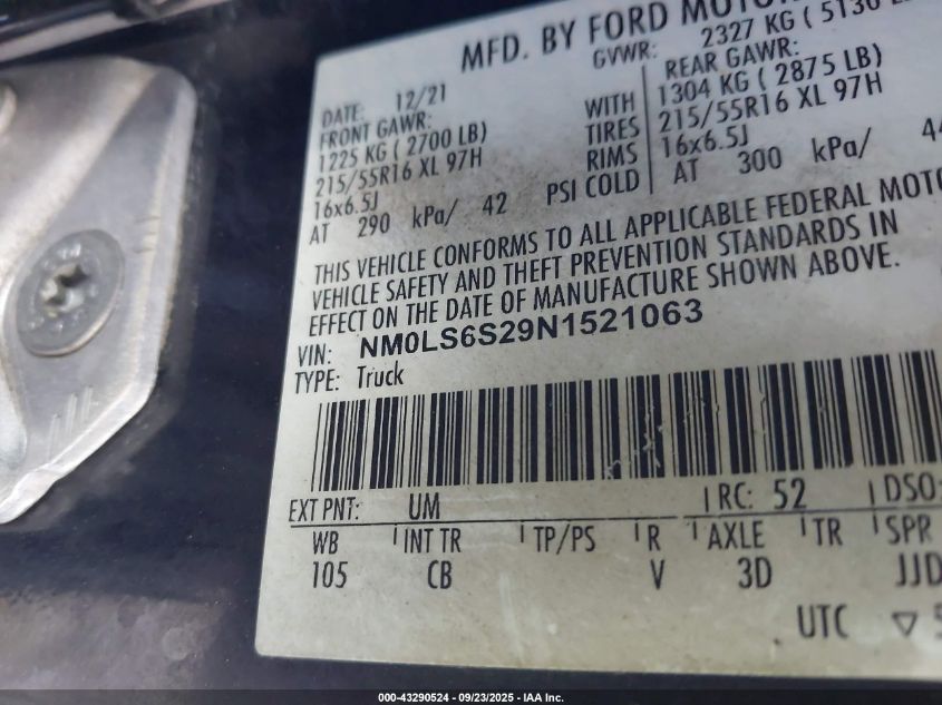 2022 Ford Transit Connect Xl VIN: NM0LS6S29N1521063 Lot: 43290524