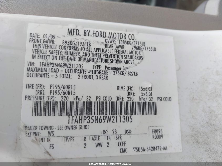 2009 Ford Focus Se VIN: 1FAHP35N69W211305 Lot: 43290525