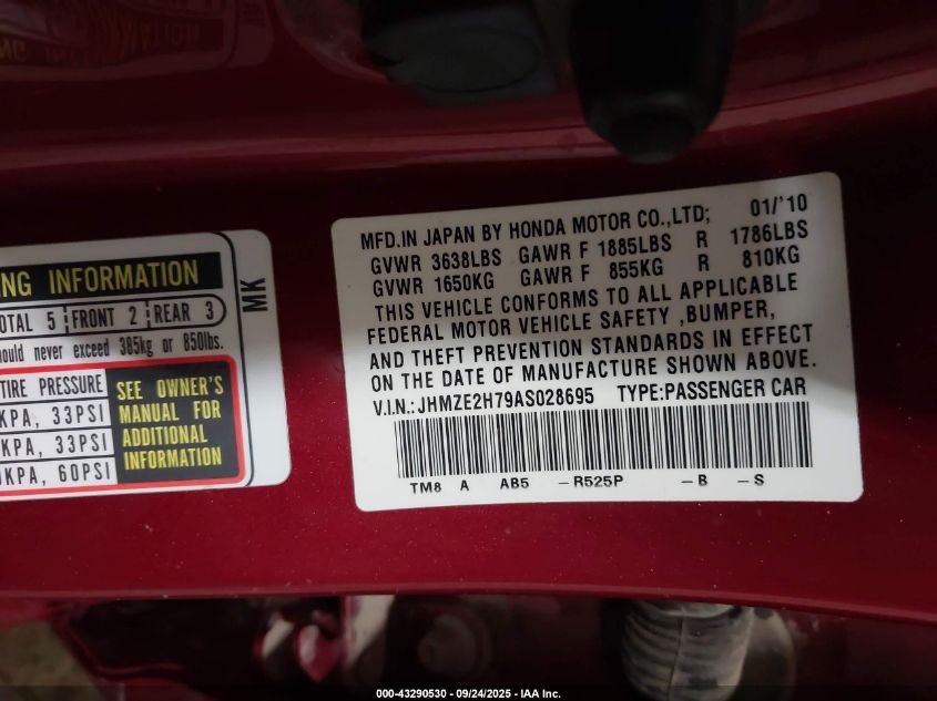 2010 Honda Insight Ex VIN: JHMZE2H79AS028695 Lot: 43290530