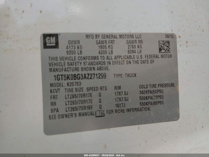2010 GMC Sierra 2500Hd Sle VIN: 1GT5K0BG3AZ271299 Lot: 43290537