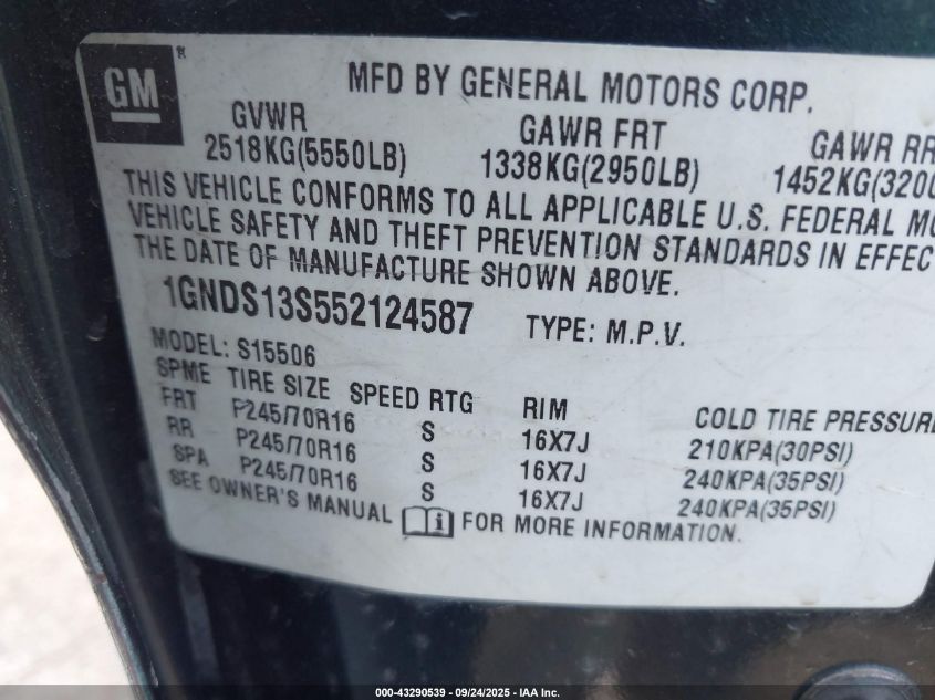 2005 Chevrolet Trailblazer Ls VIN: 1GNDS13S552124587 Lot: 43290539