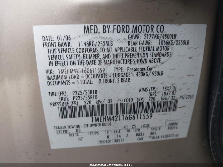 2006 Mercury Montego Premier VIN: 1MEHM42116G611559 Lot: 43290547