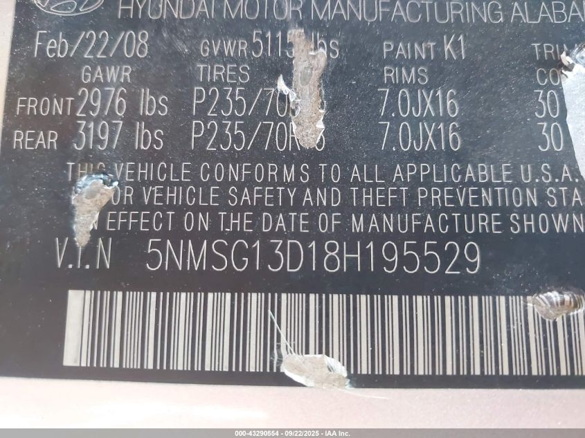 2008 Hyundai Santa Fe Gls VIN: 5NMSG13D18H195529 Lot: 43290554