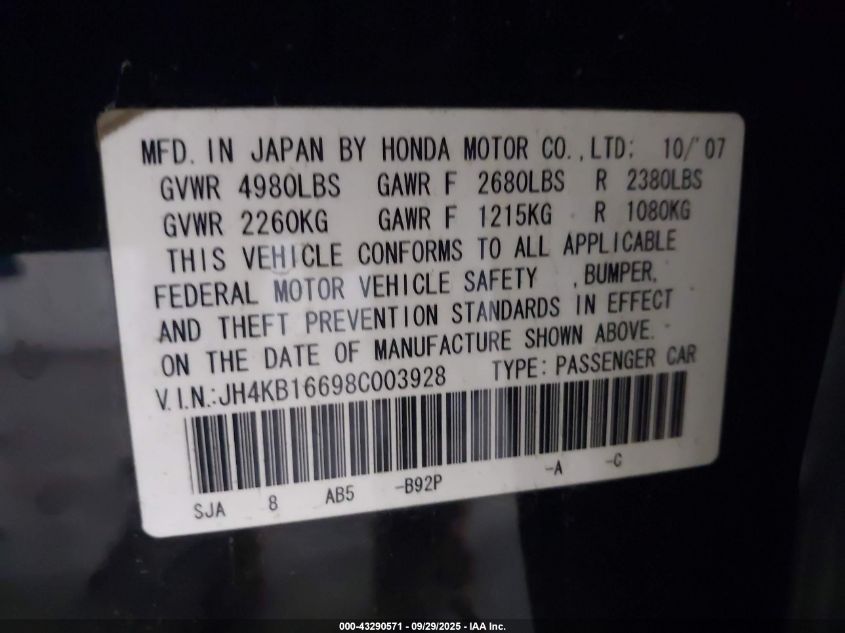 2008 Acura Rl 3.5 VIN: JH4KB16698C003928 Lot: 43290571