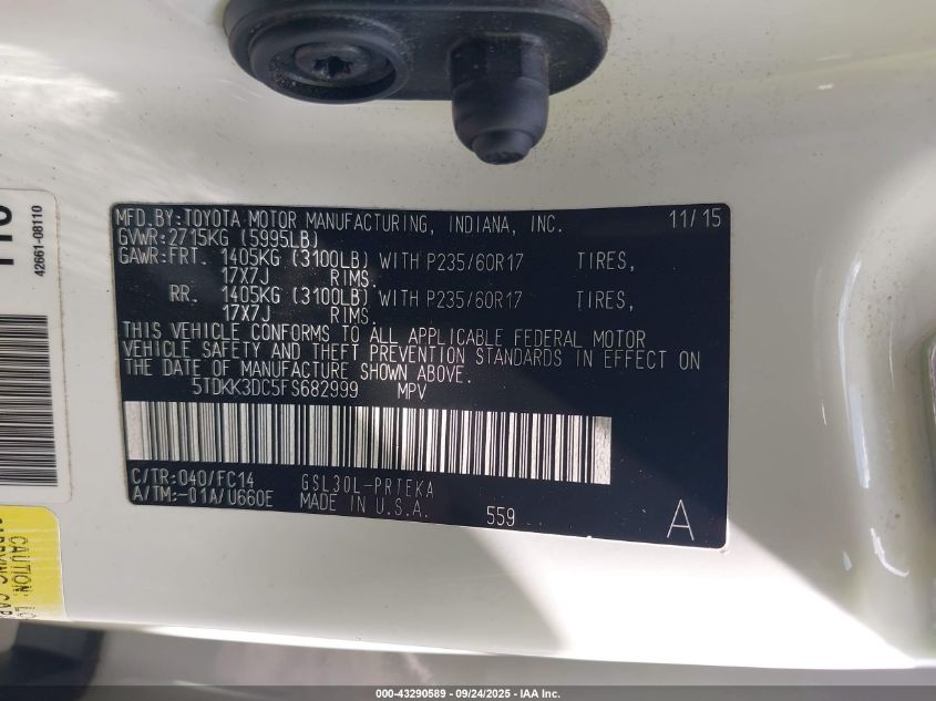 2015 Toyota Sienna Le 8 Passenger VIN: 5TDKK3DC5FS682999 Lot: 43290589