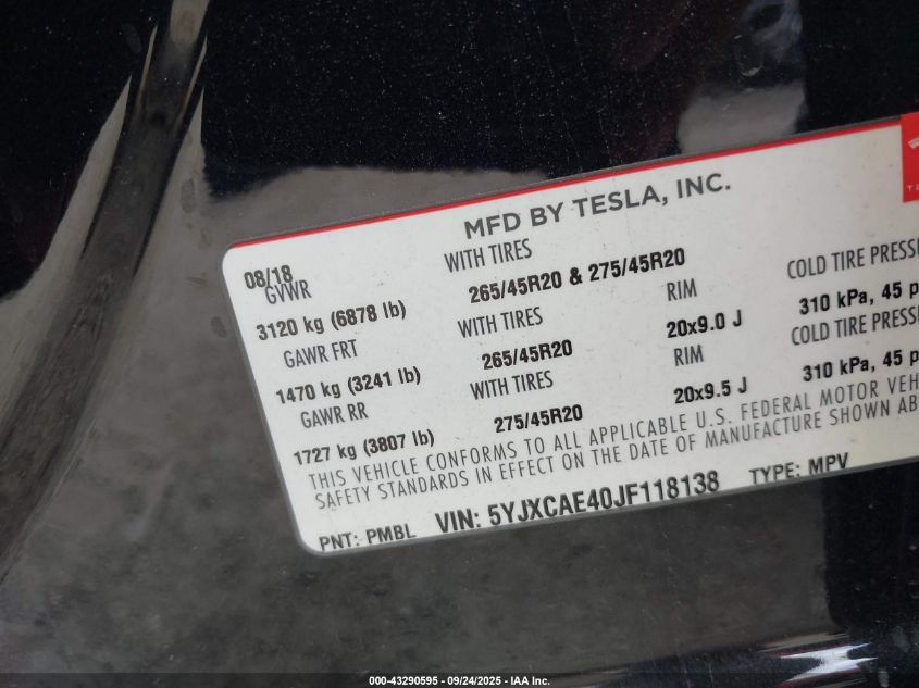 2018 Tesla Model X 100D/75D/P100D VIN: 5YJXCAE40JF118138 Lot: 43290595