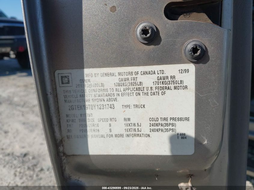 2000 GMC Sierra 1500 Sle VIN: 2GTEK19T0Y1231743 Lot: 43290599
