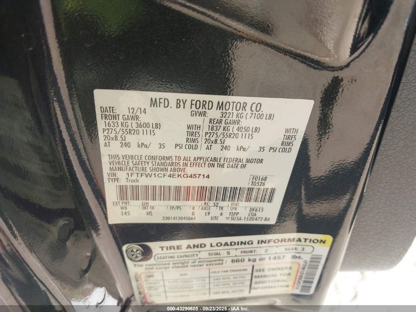 2014 Ford F-150 Lariat VIN: 1FTFW1CF4EKG45714 Lot: 43290605