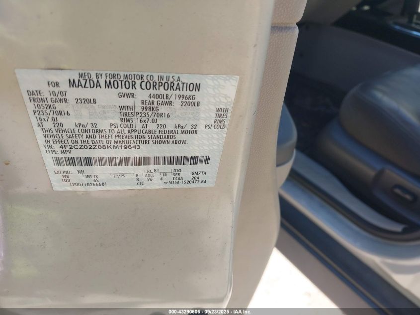 2008 Mazda Tribute I Grand Touring VIN: 4F2CZ02Z08KM19643 Lot: 43290606