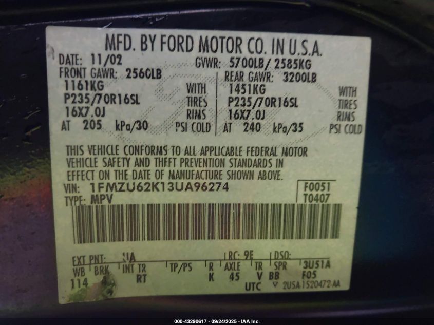 2003 Ford Explorer Xls VIN: 1FMZU62K13UA96274 Lot: 43290617