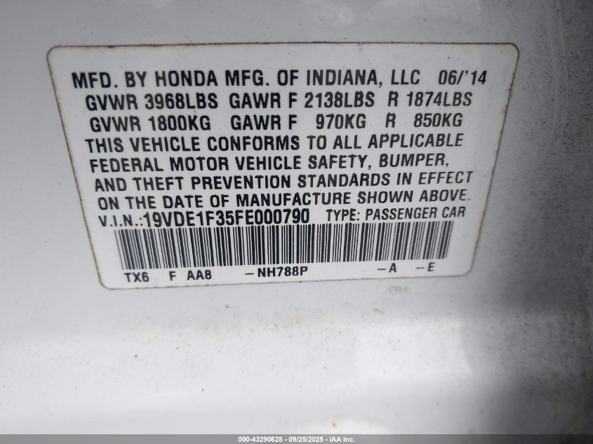 2015 Acura Ilx 2.0L VIN: 19VDE1F35FE000790 Lot: 43290628